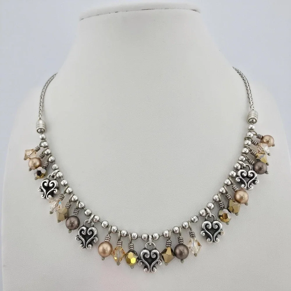 BRIGHTON 'Cannes' Fringe Collar Necklace Scroll Heart Crystal Silver Plate 18